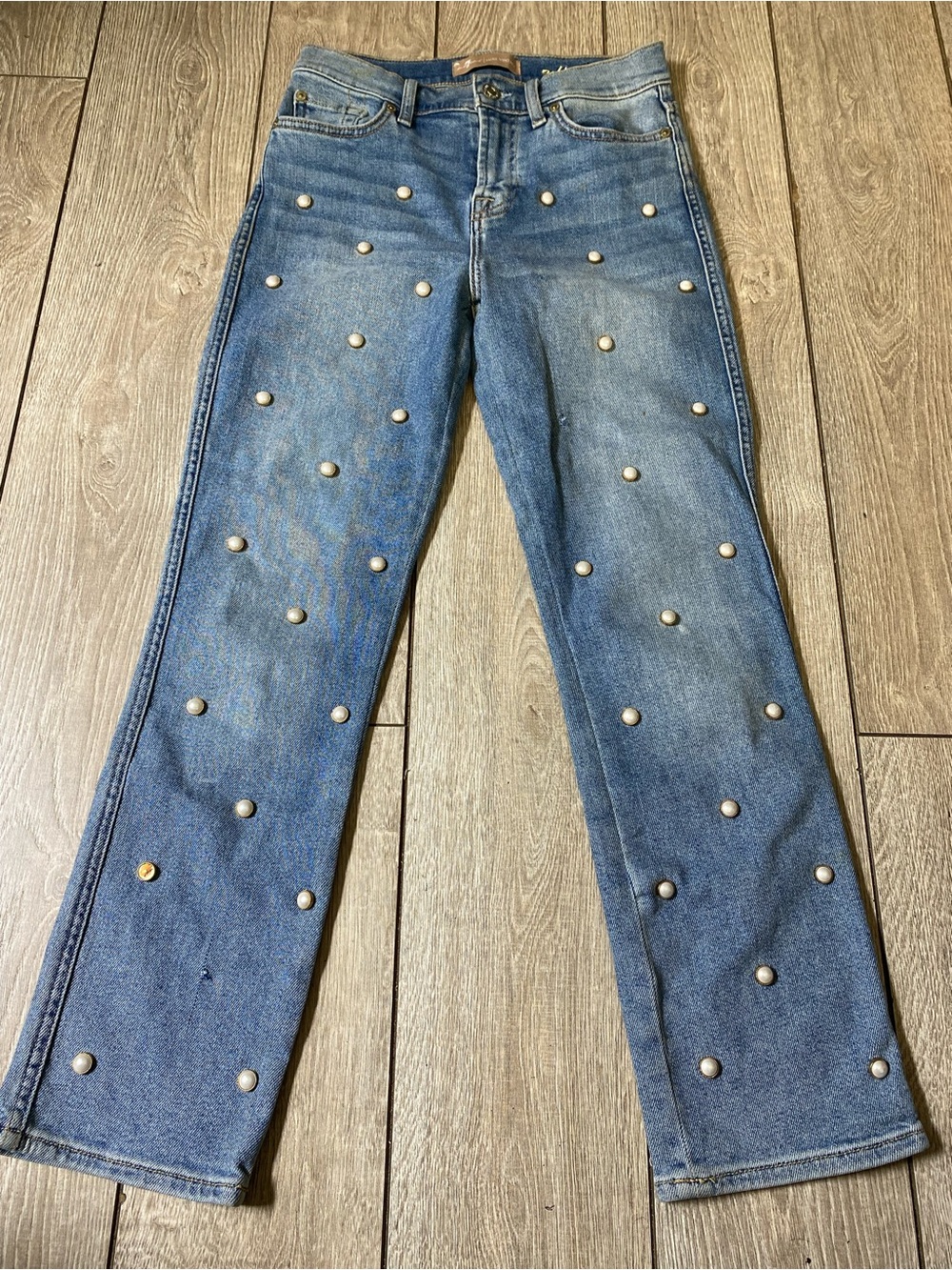 7 For All Mankind Edie Pearl Embellished Cropped Straight Jeans Luxe Vintage 26